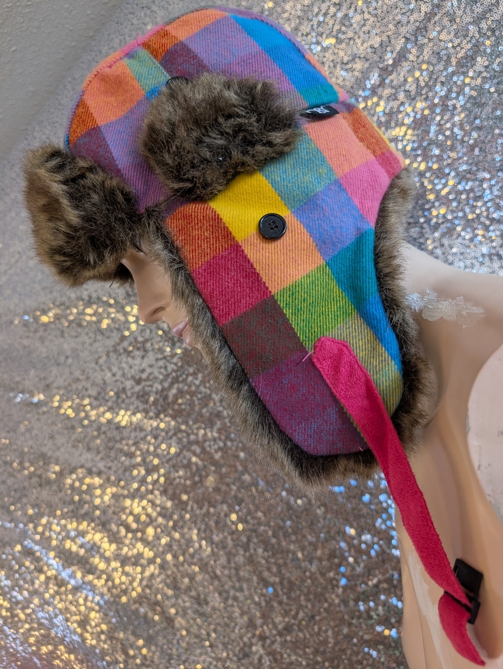 D&Y Rainbow Plaid Trapper Hat | Faux Fur Trim Maximalist Winter Cap